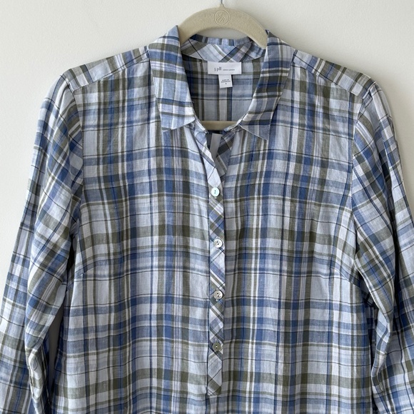 J. Jill Love Linen 100% Linen Blue Green Plaid Tunic Shirt - Picture 2 of 16